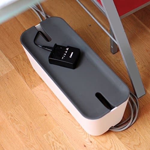 Image of Bosign Cable Management Box - Cable Organizer XL. White & Grey - 45x18x17 cm. Flame retardant plastic. Silicone antislip feet.