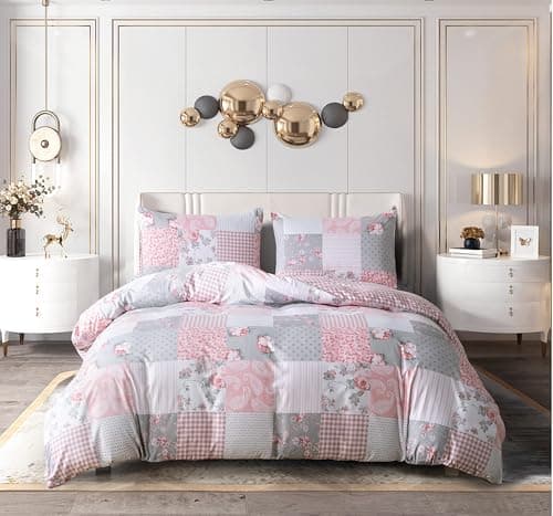 Image of Prime Linens Polyester Cotton King Duvet Cover Set 4 Pieces Bedding Set 1 Quilt Cover 2 Pillowcases and 1 Fitted Sheet Included Machine Washable (Flowers Grey)