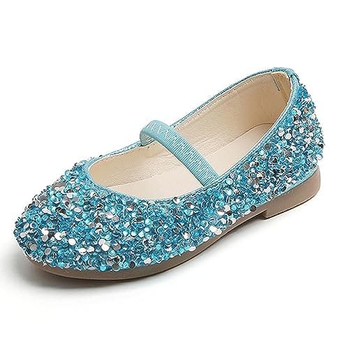 Image of Princess Shoes Girls Glitter Mary Jane Flat Sandal Sequin Party Wedding Birthday Dress Cosplay Shoes for 3-7 Years Toddlers Kids Blue