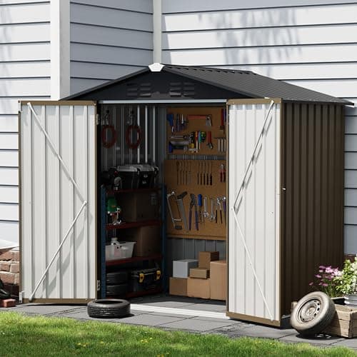Image of UDPATIO Metal Outdoor Storage Shed 6x4 FT, Garden Storage, Waterproof Metal Shed for Firewood, Garbage Can, Tool, Lawnmower, Bike Shed, Galvanized Steel with Lockable Door for Backyard, Patio, Brown