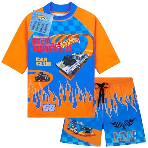 Image of Get Trend Hot Wheels Swimsuit Set for Boys 2 Pcs with Swimming Trunks Boys Rash Vest for Swimming Beach Trip Holiday Essentials (4-5 Years, Blue/Orange Hot Wheels)