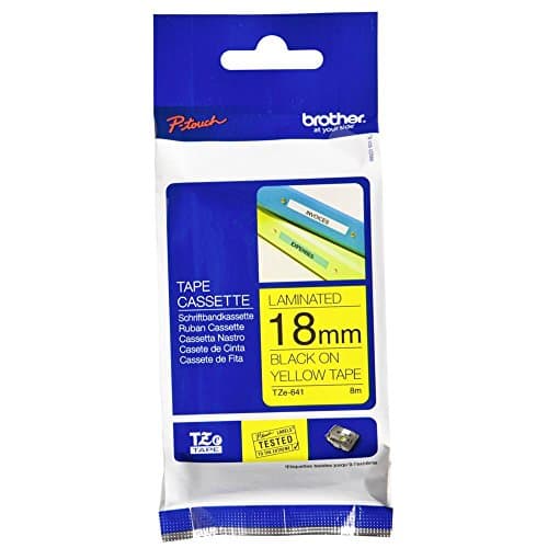 Image of Brother P-touch TZE 641 Black on Yellow 18mm x 8m Tape Labels Ref TZE641