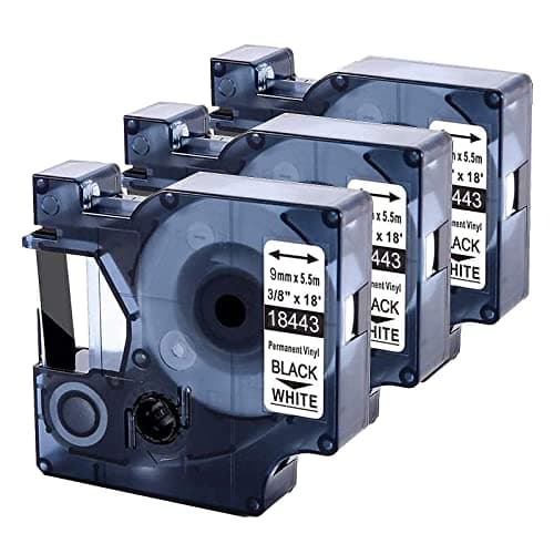 Image of 3 x A18443 Replacement for Dymo Rhino 18443 9mm Vinyl Tape, Compatible with Dymo Rhino Label Tape 9mm x 5.5m Black on White Permanent Work with Dymo Rhino 4200 5200 6000 3000 1000 Label Maker