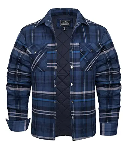Image of KEFITEVD Lumberjack Jacket Mens Cotton Flannel Shirt Plaid Warm Jackets with Pockets Flannel Checked Overshirt Blue Grey,XL
