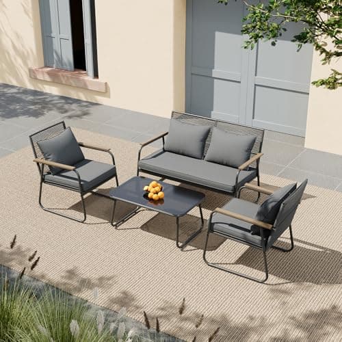 Image of Warmiehomy 4 Seater Garden Furniture Sets PE Rattan Outdoor Patio Conversation Sets 4 Pieces Garden Sofa Set with Loveseat 2pcs Armchairs Tempered Glass Coffee Table Seat Pads and Cushions