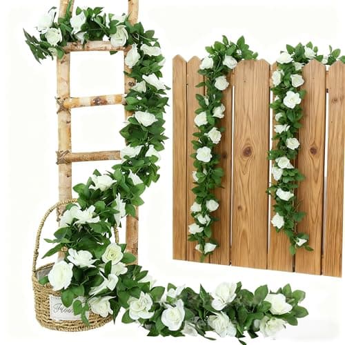 Image of MINWEGI 2-Pack Luxury White Faux Silk Rose Garland | 45 Heads Realistic Floral Vine for Wedding Arch Decor, Mantel & Event Backdrops | Elegant Artificial Flower Arrangement (2.4m Length)