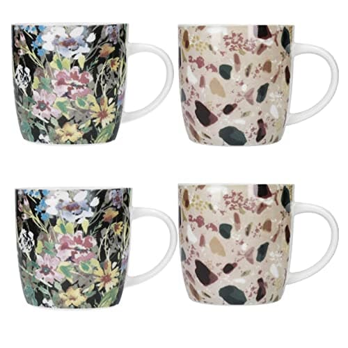 Image of KitchenCraft Terrazzo Floral Set of 4 Stoneware Barrel Coffee Mugs 425ml