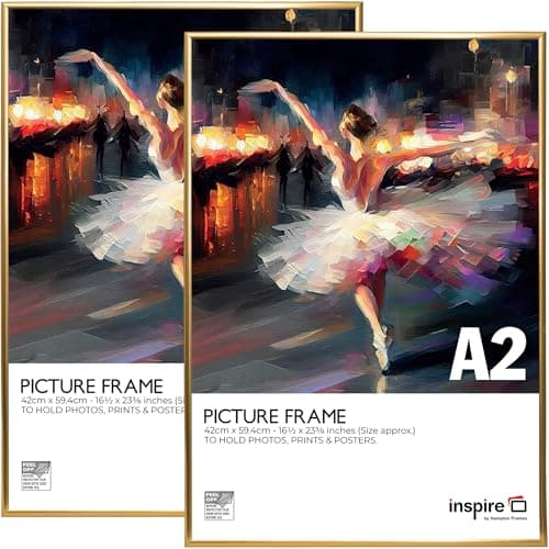 Image of inspire by Hampton Frames | BACKLOADER A2 Poster Frame, 42x59cm, Gold, Acrylic (Non-Glass), Pack of 2 | Lightweight, Easy-Open Design, Wall Mount | For Posters and Artwork Display