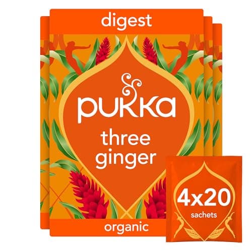 Image of Pukka Herbs | Three Ginger Organic Herbal Tea Box | Digestion-Aiding Infusion With Ginger, Turmeric, And Galangal | Ideal After Meals | Caffeine Free | 4 Packs | 80 Plant Based Biodegradable Tea Bags
