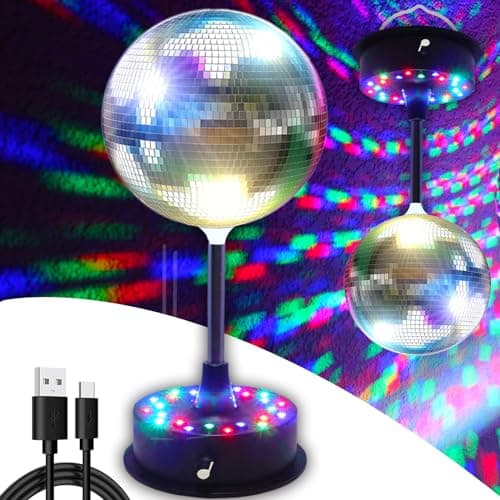 Image of 6''Rotating Mirrors Disco Ball Light Hanging Silver Glitter Ball with 5RPM-9RPM Adjustable Rotary Motor Base 24 RGB LED Mood Lights Great for Party Club Stage Dance Bar (USB Powered/Battery Powered)