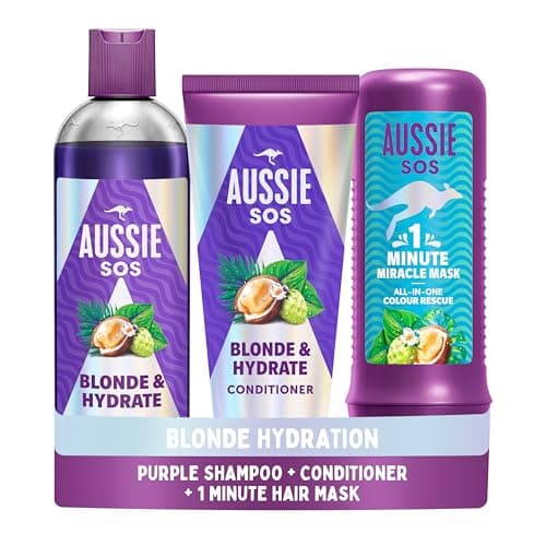 Image of Aussie Blonde & Hydrate Purple Shampoo And Conditioner Set With Hair Mask. Neutralise Brassy, Yellow Tones On Bonde, Highlighted & Silver Hair. For Bleached, Highlighted And Grey Hair