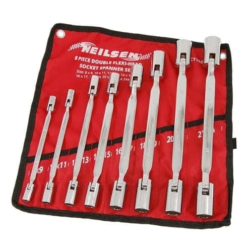 Image of Neilsen CT1657 8pc Socket Spanner Set - Double-Headed Flexi-Head, Sizes 8mm to 23mm | Chrome Vanadium Finish | Wall-Mountable Storage Pouch
