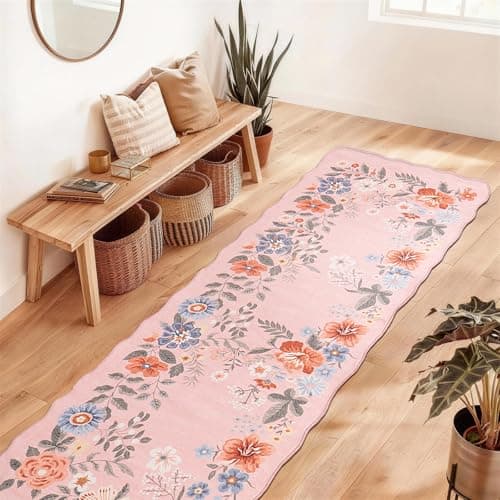 Image of SOANNY Runner Rug 60x180 cm, Floral Vintage Hallway Entryway Area Rugs, Soft Low Pile Washable Non Slip Stain Resistant Carpet for Living Room Bedroom Kitchen Office Hall Nursery, Blush Pink