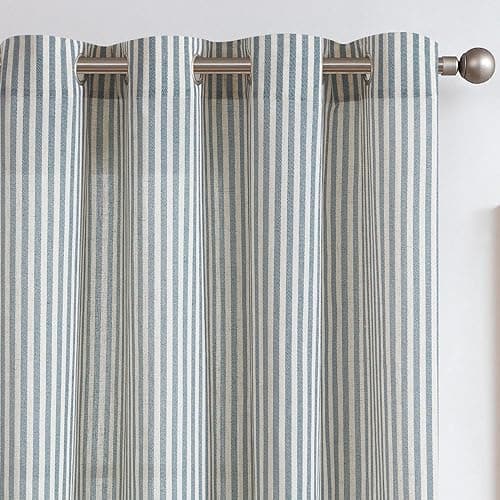 Image of TOPICK Linen Curtains for Living Room 84 inches Long Blue Striped Curtains for Bedroom Light Filtering Eyelet Curtain Window Decoration 2 Panels
