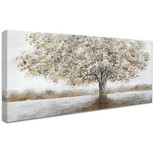Image of Wooden Framed Large Canvas Wall Art Tree of Life Painting on Canvas Prints Poster Abstract White Gold Brown Wall Pictures for Living Room Bedroom Dinning Room Restaurant Wall Decoration 50x120cm