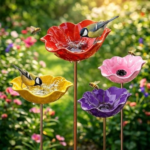Image of ghfdaz Poppy Bird Bath, Bee Watering Station For Garden, Metal Flower Garden Stake, Bird Bath And Feeder For UK,Style4