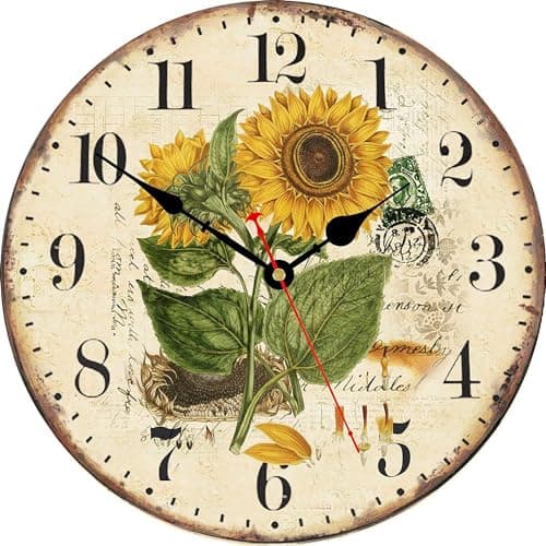 Image of TAHEAT Summer Sunflower Wall Clock, Vintage Shabby Chic Unusual Kitchen Clocks, Silent Non Ticking Decorative Wall Clocks for Living Room Bedroom Bathroom, 12 Inch