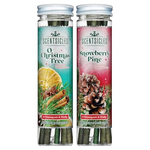 Image of Scentsicles O Christmas Tree and Snowberry Pine Scented Christmas Ornaments with Hooks - 2 Pack (2 Bottles, 12 Sticks Total)