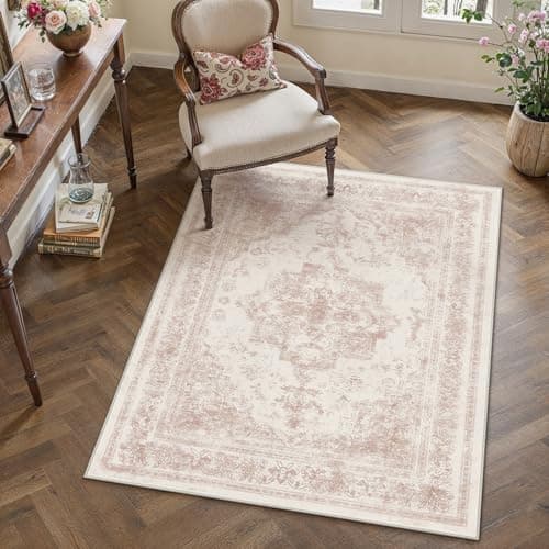 Image of HUGEAR Vintage Pink Rugs Living Room Washable Non Slip Large Area Rug 120x180cm Bedroom Kitchen Hall Lounge Office Dining Room Indoor Carpet Low Pile Big Carpets
