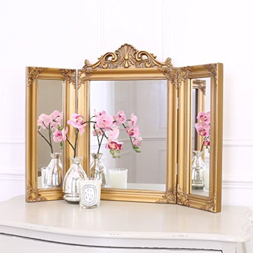 Image of Select Mirrors Ella Mirror – Tri Fold Dressing Table Mirror – 74cm x 55cm Free Standing Makeup (Antique Gold)