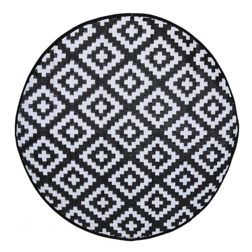 Image of CHARLES BENTLEY Pattern Lightweight Weatherproof Indoor/Outdoor/Patio Plastic UV Resistant Medium Round Rug For Balcony Beach BBQ And More In Black (150x152)