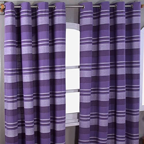 Image of HOMESCAPES Mauve Purple Lilac Eyelet Curtain Pair 167cm (66") Wide x 228cm (90") Drop Morocco Stripe Design Ring Top Curtain Pair