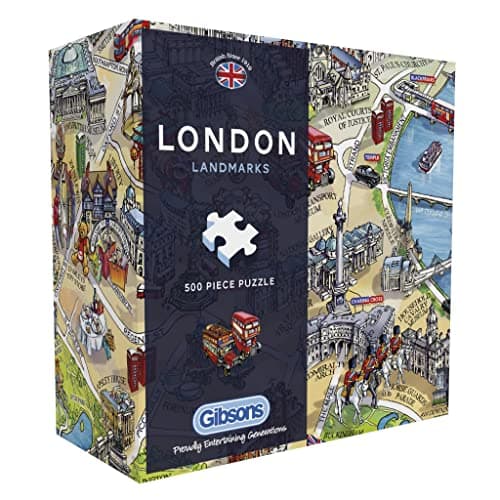 Image of Gibsons London Landmarks 500 Piece Jigsaw Puzzle – Illustrated Map of London by Maria Rabinky – Iconic British City Puzzle for Adults & Teens – Premium Recycled Board – Sustainable Gift Made in the UK
