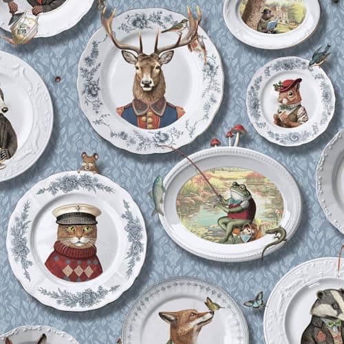 Image of Quirky Framed Animals Vintage Tea Party Wallpaper Perfect for Bedrooms, hallways, Restrooms or Lounges in Soft Blue Holden 13941