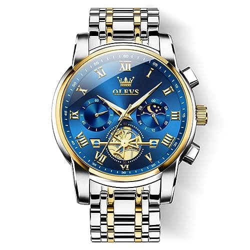 Image of OLEVS Men's Wrist Watches Two Tone Stainless Steel Quartz Watch Diamond Chronograph Moon Phase Gold Blue Black Dial Male Watch Waterproof Luminous