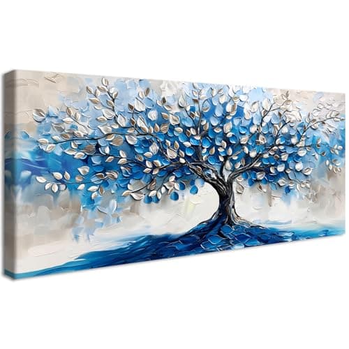 Image of Framed Large Canvas Wall Art For Living Room Abstract Tree of Life Painting Wall Decor For Bedroom Silver Navy Blue Tree Tree Picture Canvas Prints Office Artwork Hotel Mural Home Decor 50x120cm