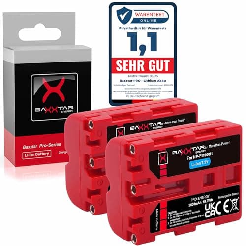 Image of Baxxtar PRO NP-FM500H battery 2x (genuine 2400mAh UL-certified) with Infochip - compatible with Sony Alpha A57 A58 A65 A65V A68 A77 A77V A99 A99 II UVM