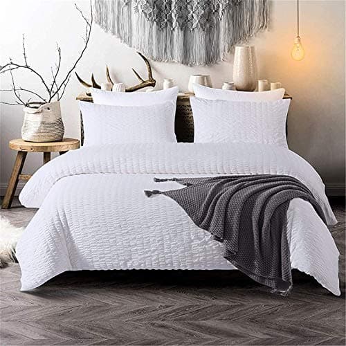 Image of White Classic Seersucker Duvet Cover for Teens Adults Pinch Pleat Bedding Set with 2 Pillowcases Classic Puckering and Crimping Quilt Cover with Zipper Closure King Size 220×230cm