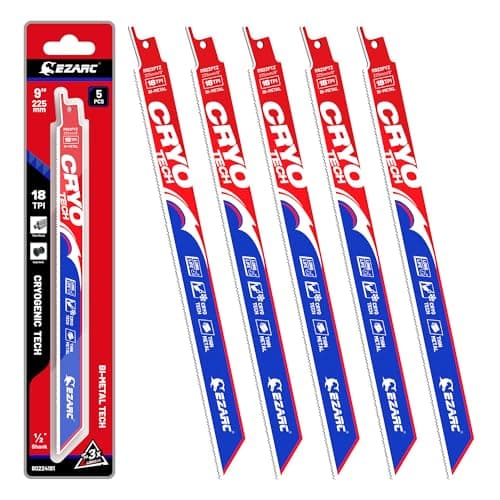 Image of EZARC Reciprocating Saw Blades 225mm 18TPI, Bi-Metal Saw Blades with Cryo Tech, Sabre Saw Blades for Thin Metal Cutting 5-Piece R622PMZ