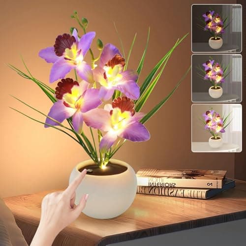 Image of BVI BOOMERVIVI Artificial Flower Night Light, Touch Stepless Dimming USB Rechargeable Orchid Flower with Vase Lamp, LED Table Lamp Decorative Landscape Lights for Festival Party Home Decor (Purple)