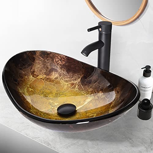 Image of YU YUSING Countertop Bathroom Sink Basin Oval Hand Washbowl Tempered Glass with Tap Waste Set, Cloakroom Kitchen Toilet, Gold