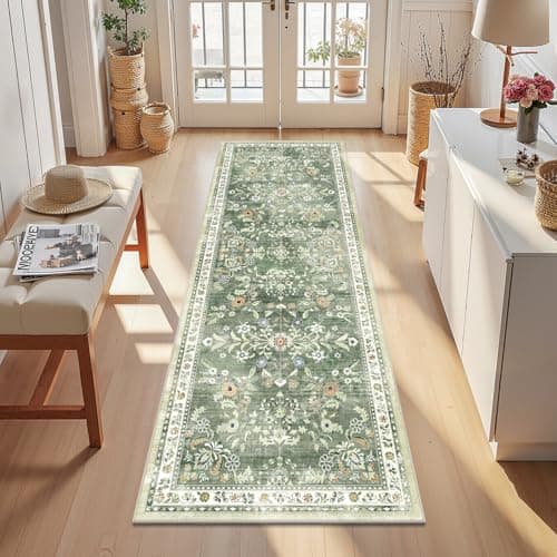 Image of Homodeco Washable Runner Rug 50 x 150– Non Slip Boho Floral Hallway Runner Rug with Rubber Backing, Low Pile Wool Distressed Carpet for Kitchen, Laundry, Bedroom, Entrance, Mottled Green
