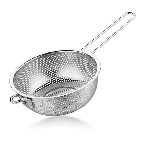 Image of STL Steel Colander (19.5 cm) with Long Handles and Deep Base Micro-Perforated Strainer for Draining Pasta, Rice, Vegetables & Fruits, Dishwasher Safe Kitchen Metal Food Filter