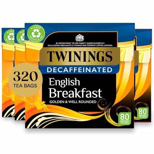 Image of Twinings English Breakfast Decaf Tea | Golden, Well Rounded & Full Bodied Decaffeinated Black Tea | Multipack Bulk Buy, 320 (4 x 80) Biodegradable Tea Bags