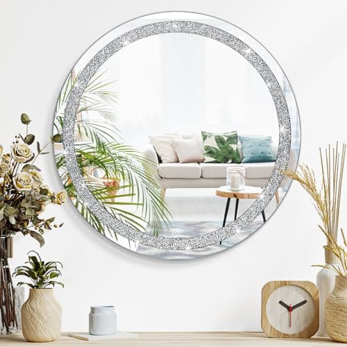 Image of Lzuso Crystal Diamond Silver Mirrors for Wall Round Shaped Wall Hanging Mirror Frameless Bling Stylish Decoration Mirror for Vanity Home Bathroom Bedroom Living Room Hallway Decor
