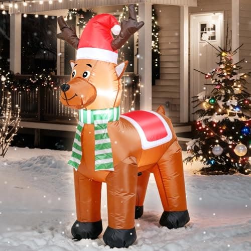 Image of TRMESIA 4 FT Inflatable Christmas Reindeer Indoor Outdoor Decoration,LED Lights for Garden Yard Lawn Decor for Xmas Blow up Decor, with Classic Santa Hat and Blue White Scarf