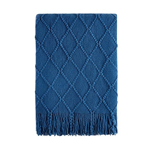 Image of BOURINA Textured Solid Soft Sofa Throw Couch Cover Knitted Decorative Blanket,Royal Blue, 152x203cm
