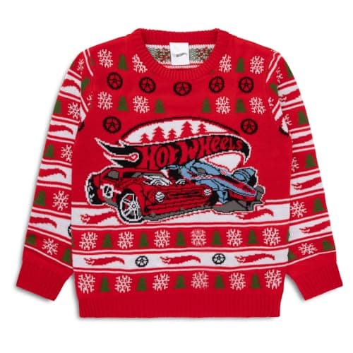Image of Hot Wheels Christmas Jumper | Boys Xmas Jumper | Childrens Acrylic Knitted Christmas Sweatshirt | Hotwheels Gifts for Boys (5-6 Years) Red