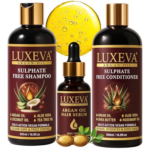 Image of LUXEVA 3 in 1 Sulphate Free Hair Shampoo and Conditioner Sets + Argan Oil, Damage Repair, Frizz Control & Shine, 72-Hour Transformation for Colour-Treated Hair and Salon-Quality
