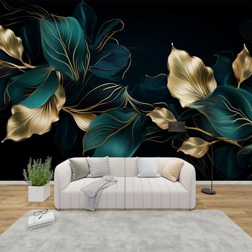 Image of AevuCub Leaf Mural Wallpaper for Living Room Bedroom Decor - Emerald Green and Gold Wall Mural, Abstract Leaves Wall Art, Non-Woven Photo Wallpaper 3D Effect, 300x210 cm