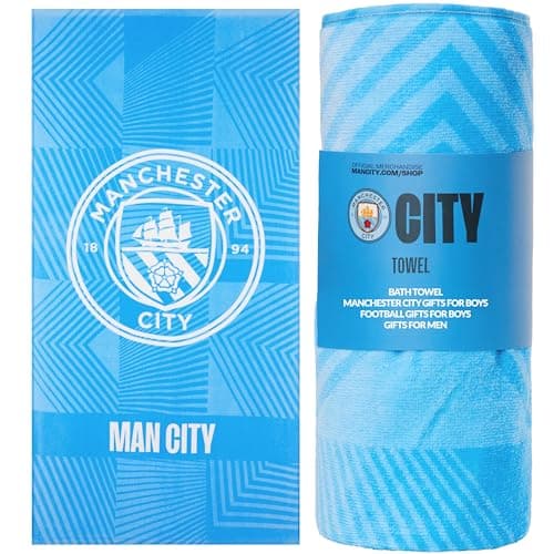 Image of MANCHESTER CITY F.C. Bath Towel for Men Women Teens Boys 100% Cotton Quick Dry Football Crest Beach Towel Swim Gym Holiday Shower Supporters' Gear 137 x 69cm (Blue, 137x68.5cm)