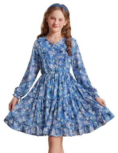 Image of GRACE KARIN Kids Flower Girl Dresses V Neck Long Sleeve Chiffon Midi Tiered Dress Blue 6 Years