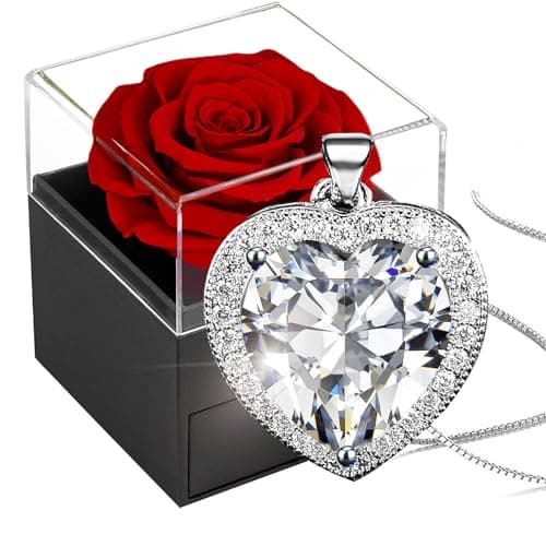 Image of Preserved Real Rose with Crystal Necklace,Forever Red Rose with Cubic Zirconia Heart Necklace,925 Sterling Silver Bithstone Pendant in Eternal Rosebox,Infinity Gift for Her On Christmas valentine