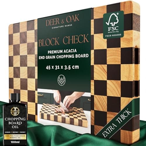 Image of Deer & Oak End Grain Acacia Chopping Board with Checkerboard Pattern - 45 x 31 x 3.5 cm, FSC Certified Pre-Oiled Butcher's Block with Side Handles, Doubles as Charcuterie Serving Board