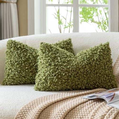 Image of Mandioo Set of 2 Olive Green Faux Fur lumbar Cushion Covers 30x50 cm 12x20 inch Boucle Decorative Sherpa Throw Pillow Covers Thick Fuzzy Fleece Pillowcases for Sofa Couch Bed Living Room