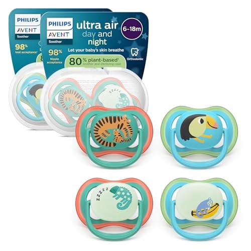 Image of Philips Avent Ultra Air Day & Night Soothers - Orthodontic Design, for Babies 6-18 Months, Glow-in-The-Dark Version, Soft Silicone Symmetrical Teat, BPA-Free, Sterilizing Cases, 4 Pack, SCF087/27